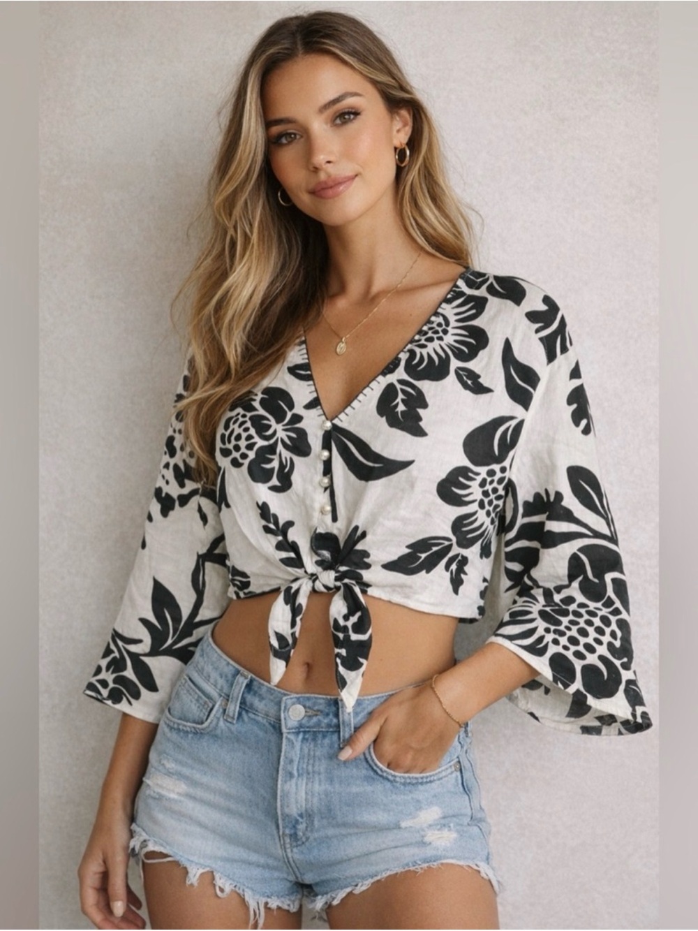 Calypso St. Barth Black & White Floral Tie-Front Crop Top BNWOT